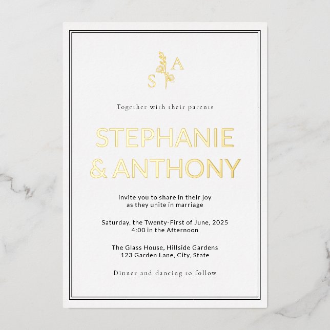 Minimalist BW Monogram Wildflower Wedding Foil Invitation (Front)