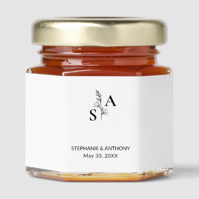 Minimalist BW Monogram Wildflower Wedding Honey Jar Favors (Front)