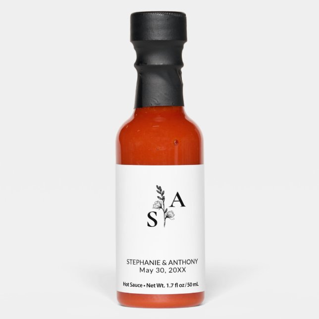 Minimalist BW Monogram Wildflower Wedding Hot Sauces (Front)