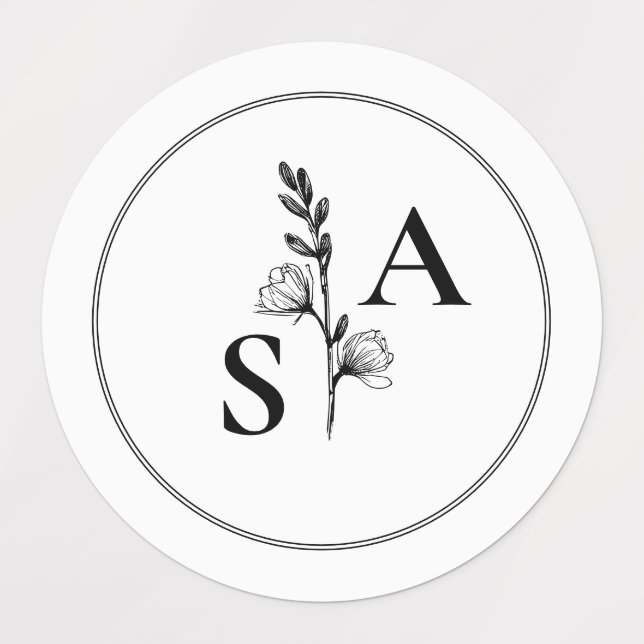 Minimalist BW Monogram Wildflower Wedding Labels (Design 1)