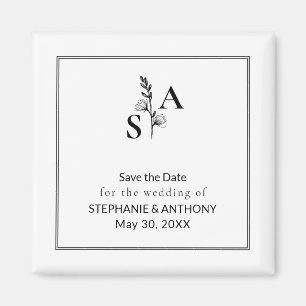 Minimalist BW Monogram Wildflower Wedding Magnet
