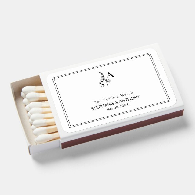Minimalist BW Monogram Wildflower Wedding Matchboxes (Front Open)