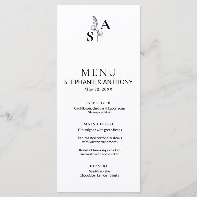 Minimalist BW Monogram Wildflower Wedding Menu (Front)
