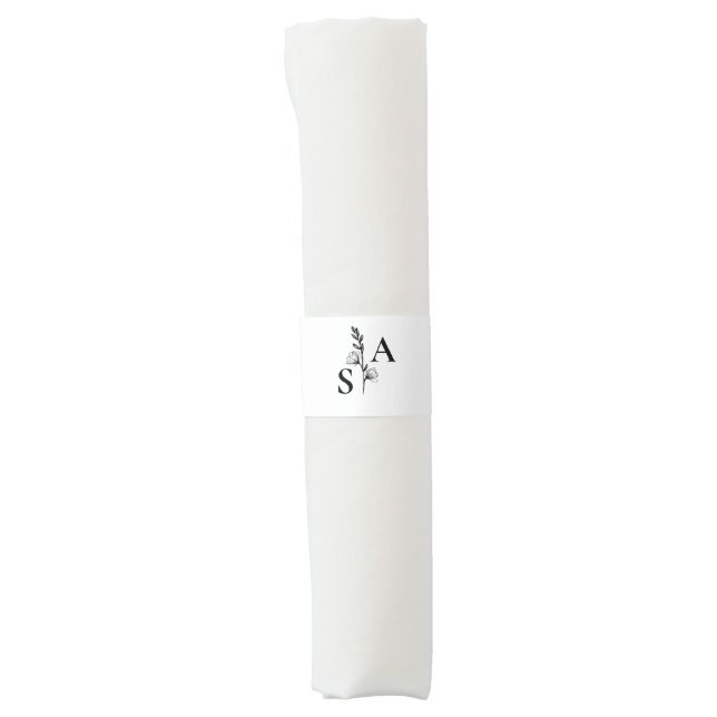 Minimalist BW Monogram Wildflower Wedding Napkin Bands (Front)