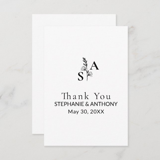 Minimalist BW Monogram Wildflower Wedding Note Card (Front/Back)