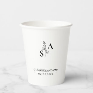 Minimalist BW Monogram Wildflower Wedding Paper Cups