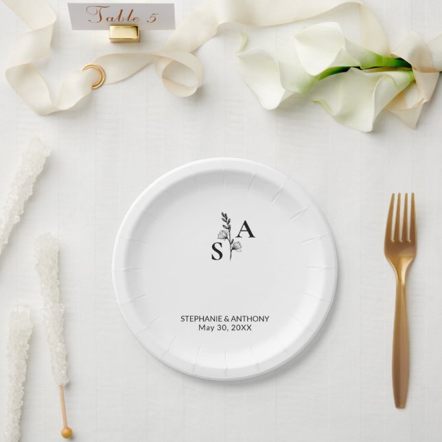 Minimalist BW Monogram Wildflower Wedding Paper Plates (Wedding)