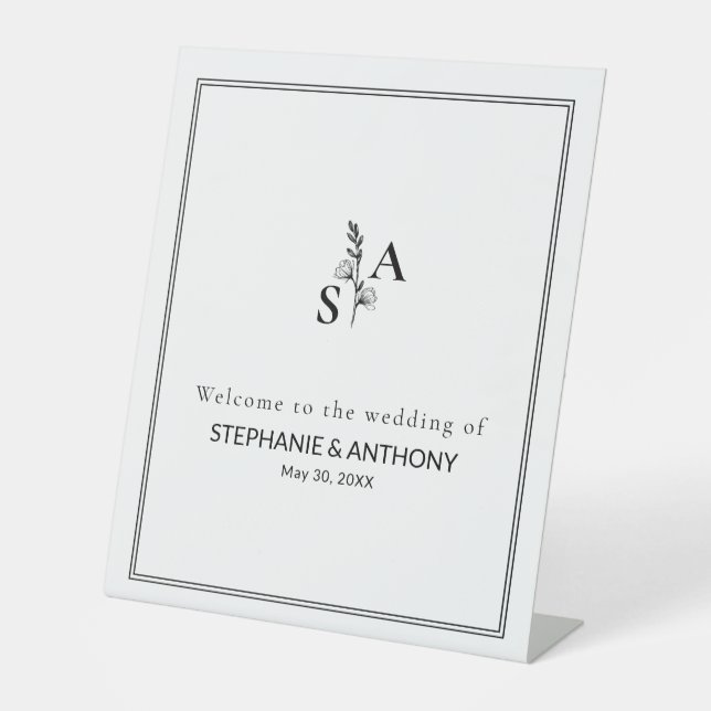 Minimalist BW Monogram Wildflower Wedding Pedestal Sign (Front)