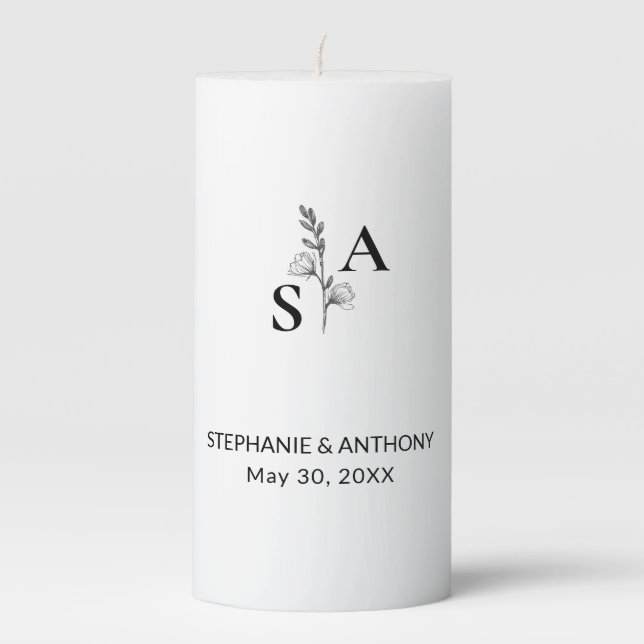 Minimalist BW Monogram Wildflower Wedding Pillar Candle (Front)