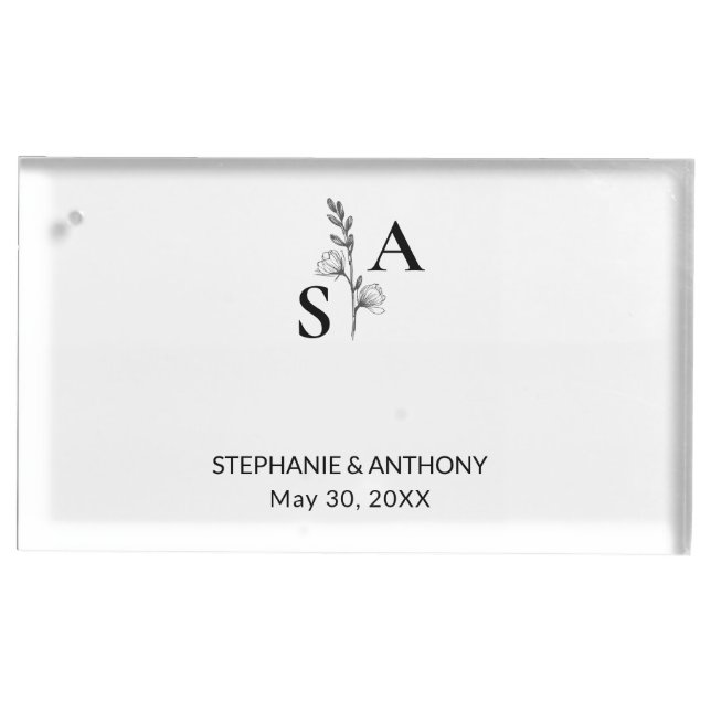 Minimalist BW Monogram Wildflower Wedding Place Card Holder (Front)