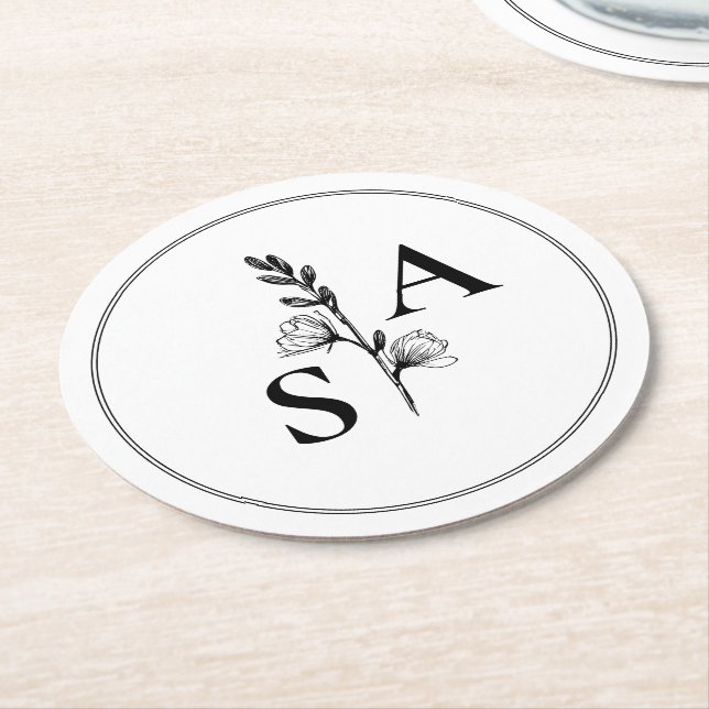 Minimalist BW Monogram Wildflower Wedding Round Paper Coaster (Angled)