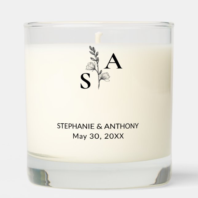 Minimalist BW Monogram Wildflower Wedding Scented Candle (Front)