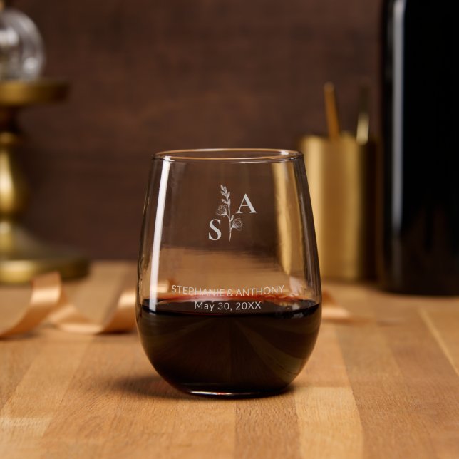 Minimalist BW Monogram Wildflower Wedding Stemless Wine Glass (Party)