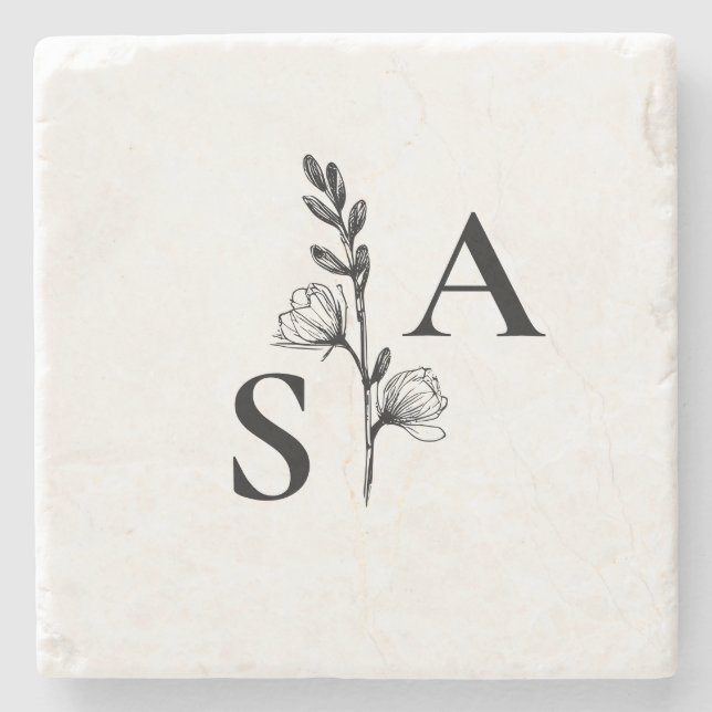Minimalist BW Monogram Wildflower Wedding Stone Coaster (Front)