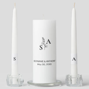 Minimalist BW Monogram Wildflower Wedding Unity Candle Set
