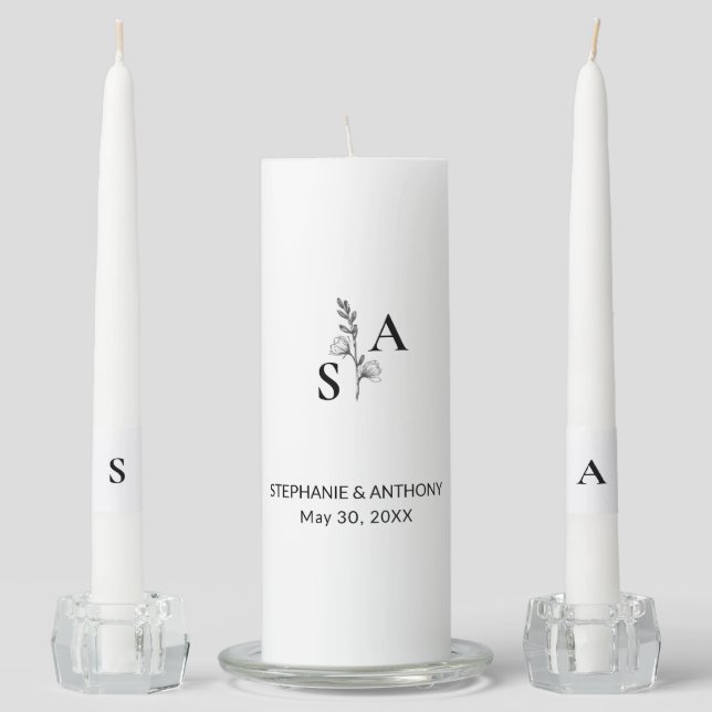 Minimalist BW Monogram Wildflower Wedding Unity Candle Set (Front)