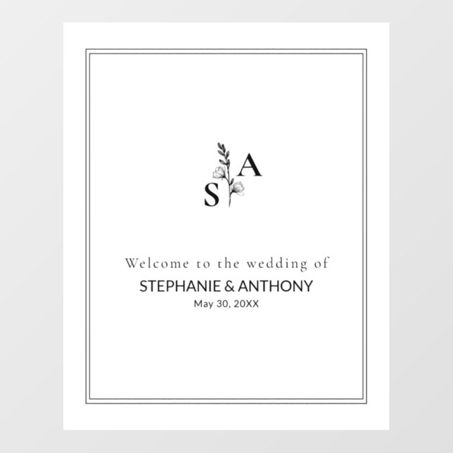 Minimalist BW Monogram Wildflower Wedding Wall Decal (Front)
