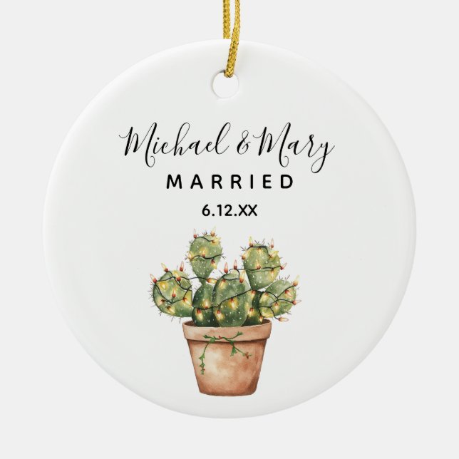 Minimalist Cactus Married Wedding Gift Ceramic Ornament (Front)
