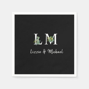 Minimalist Cactus Monogram Name Black Cocktail Napkins