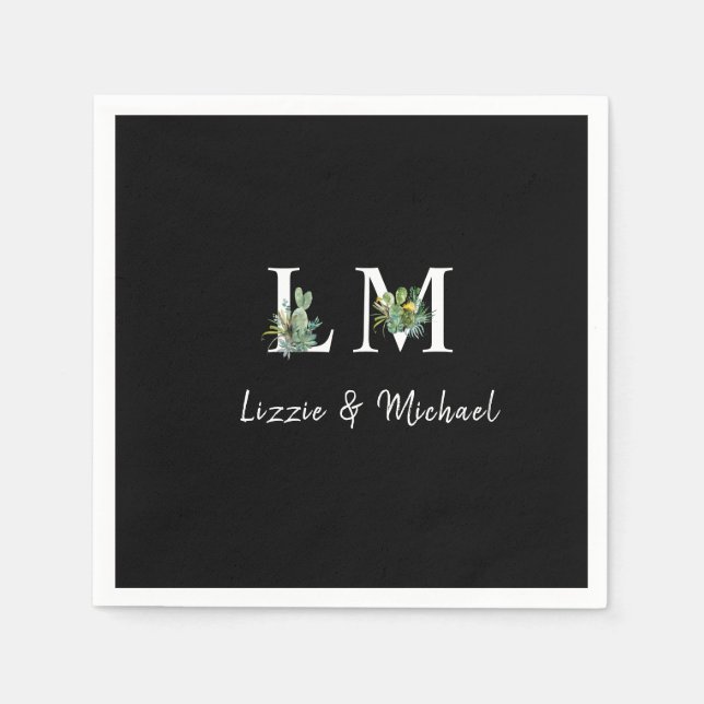 Minimalist Cactus Monogram Name Black Cocktail Napkins (Front)