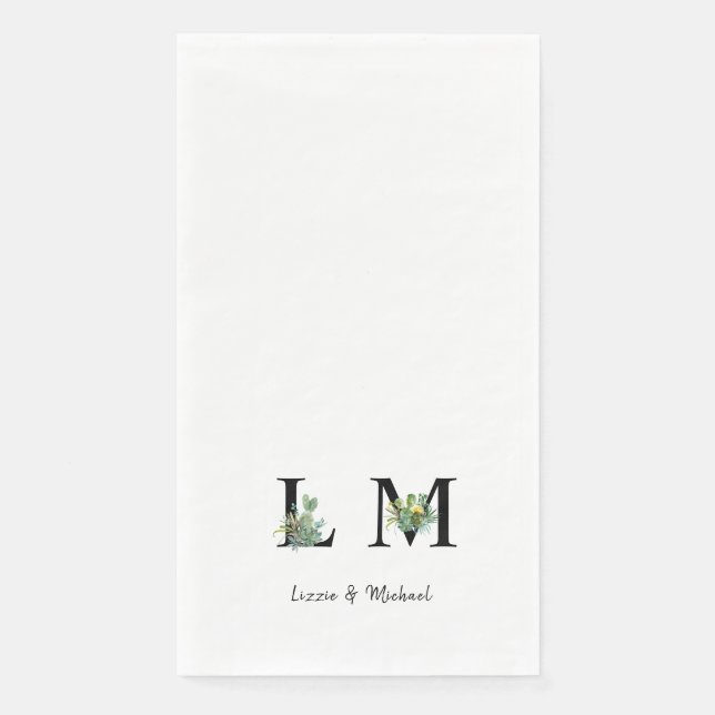 Minimalist Cactus Monogram Name White Paper Guest Towels (Front)