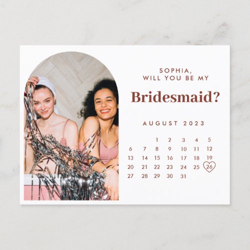 Minimalist Calendar Photo Bridesmaid Proposal boho Postcard