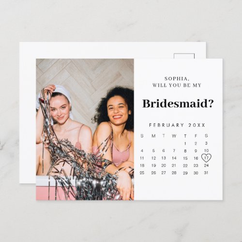 Minimalist  Calendar Photo Bridesmaid Proposal Postcard