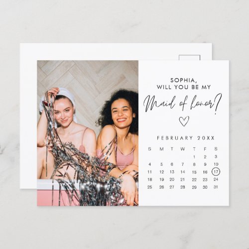 Minimalist  Calendar Photo Maid of Honor Proposal  Postcard