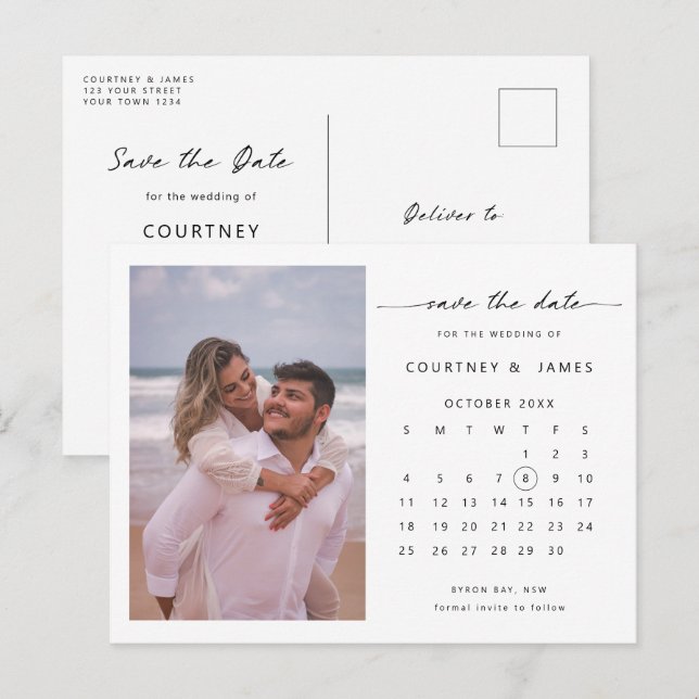 Minimalist calendar photo Save the Date Invitation Postcard (Front/Back)