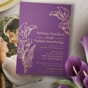 Minimalist calla lily art wedding purple gold foil invitation