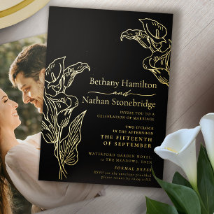 Minimalist calla lily line art wedding black gold foil invitation