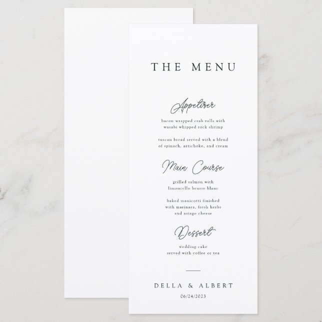 Minimalist Calligraphic Black and White Wedding Menu (Front/Back)