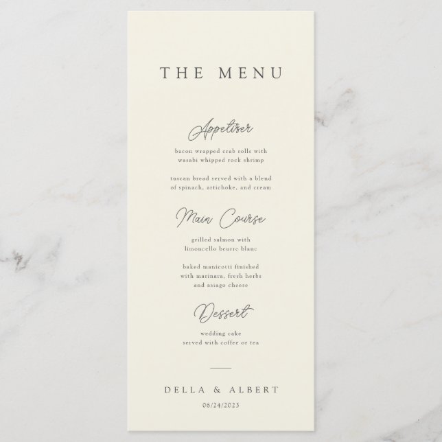 Minimalist Calligraphic Ivory Wedding Menu (Front)