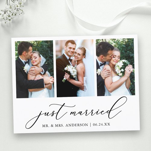 Minimalist Calligraphy 3 Photo Just Married Postcard