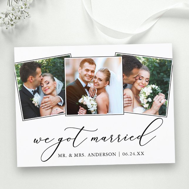 Minimalist Calligraphy 3 Photo We Got Married Postcard (Customize to add text to back of card.)