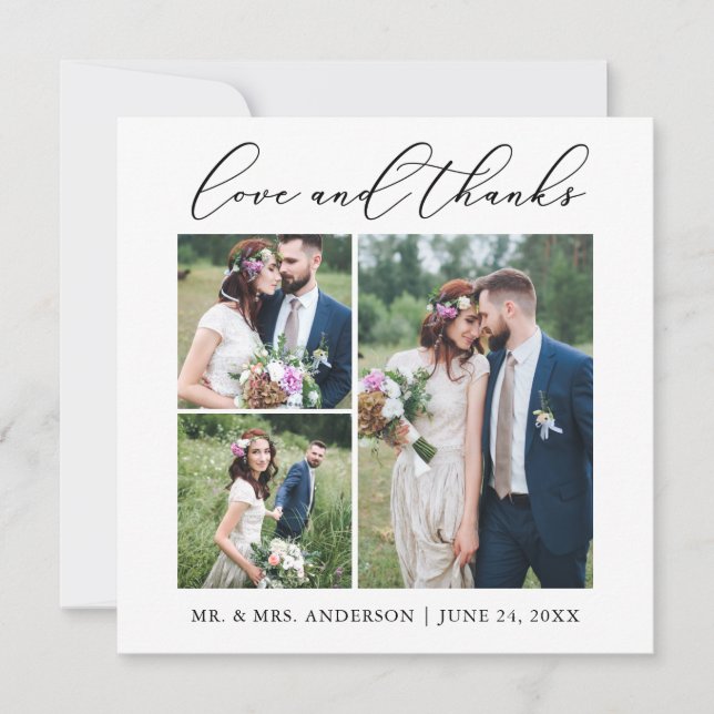Minimalist Calligraphy 3 Photo Wedding Love Square Thank You Card (Front)