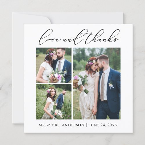 Minimalist Calligraphy 3 Photo Wedding Love Square Thank You Card