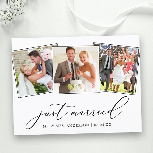 Minimalist Calligraphy 3 Photos Just Married Postcard