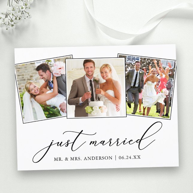 Minimalist Calligraphy 3 Photos Just Married Postcard (Customize to add text to back of card.)