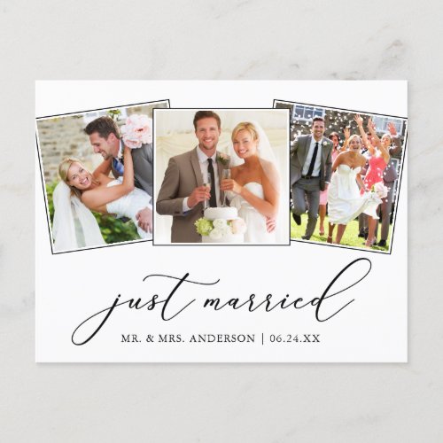 Minimalist Calligraphy 3 Photos Just Married Postcard