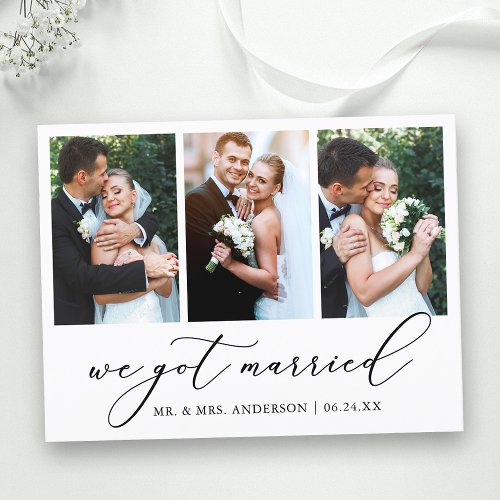 Minimalist Calligraphy 3 Photos We Got Married Postcard