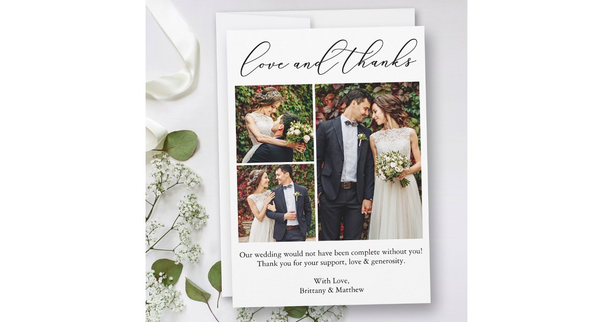 Minimalist Calligraphy 3 Photos Wedding Love Thank You Card | Zazzle
