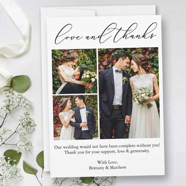 Minimalist Calligraphy 3 Photos Wedding Love Thank You Card | Zazzle