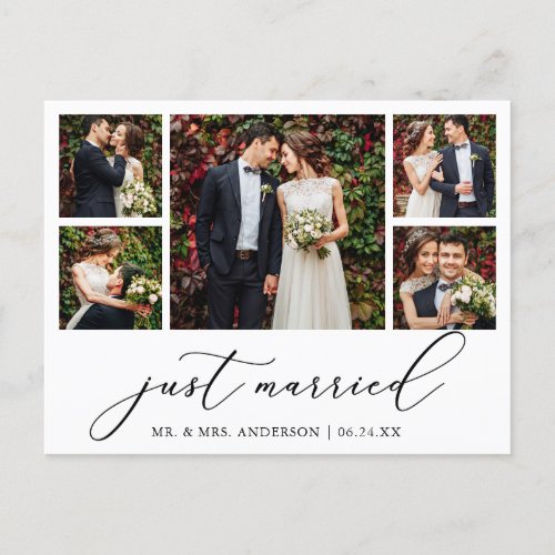 Minimalist Calligraphy 5 Photos Just Married Postcard
