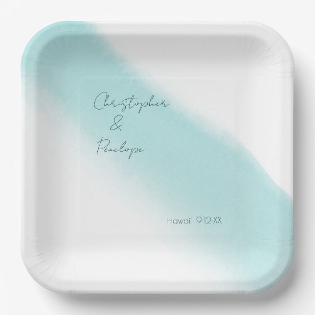 Minimalist Calligraphy Aqua Watercolor Wedding Paper Plates (Front)