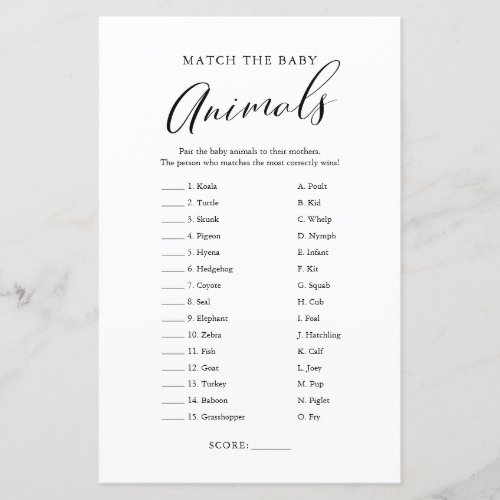 Minimalist Calligraphy Baby Animal Match Game