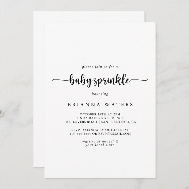 Minimalist Calligraphy Baby Sprinkle Invitation (Front/Back)
