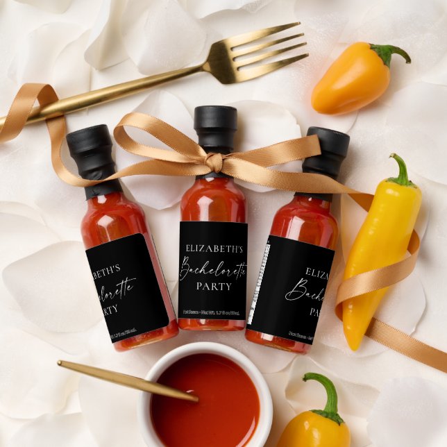 Minimalist Calligraphy Bachelorette Black Label Hot Sauces (Wedding)