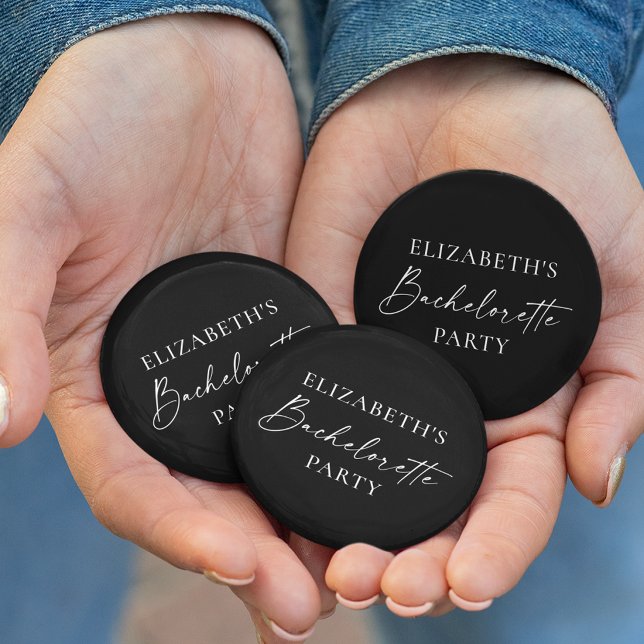 Minimalist Calligraphy Bachelorette Party Black Button (Customize to change background color.)