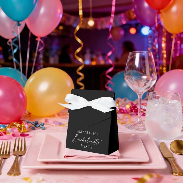 Minimalist Calligraphy Bachelorette Ribbon Black Favor Boxes (Customize to change your personalized text size or text style. )